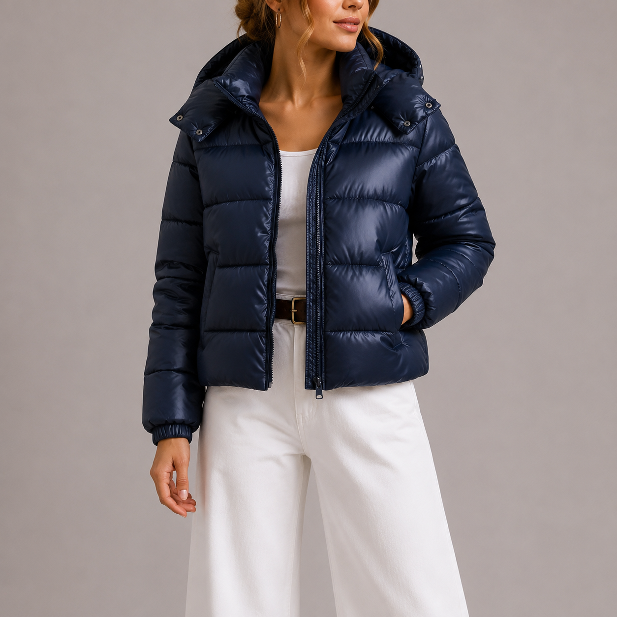 Women's Puffer Jacket Hooded Quilted Cropped - Navy