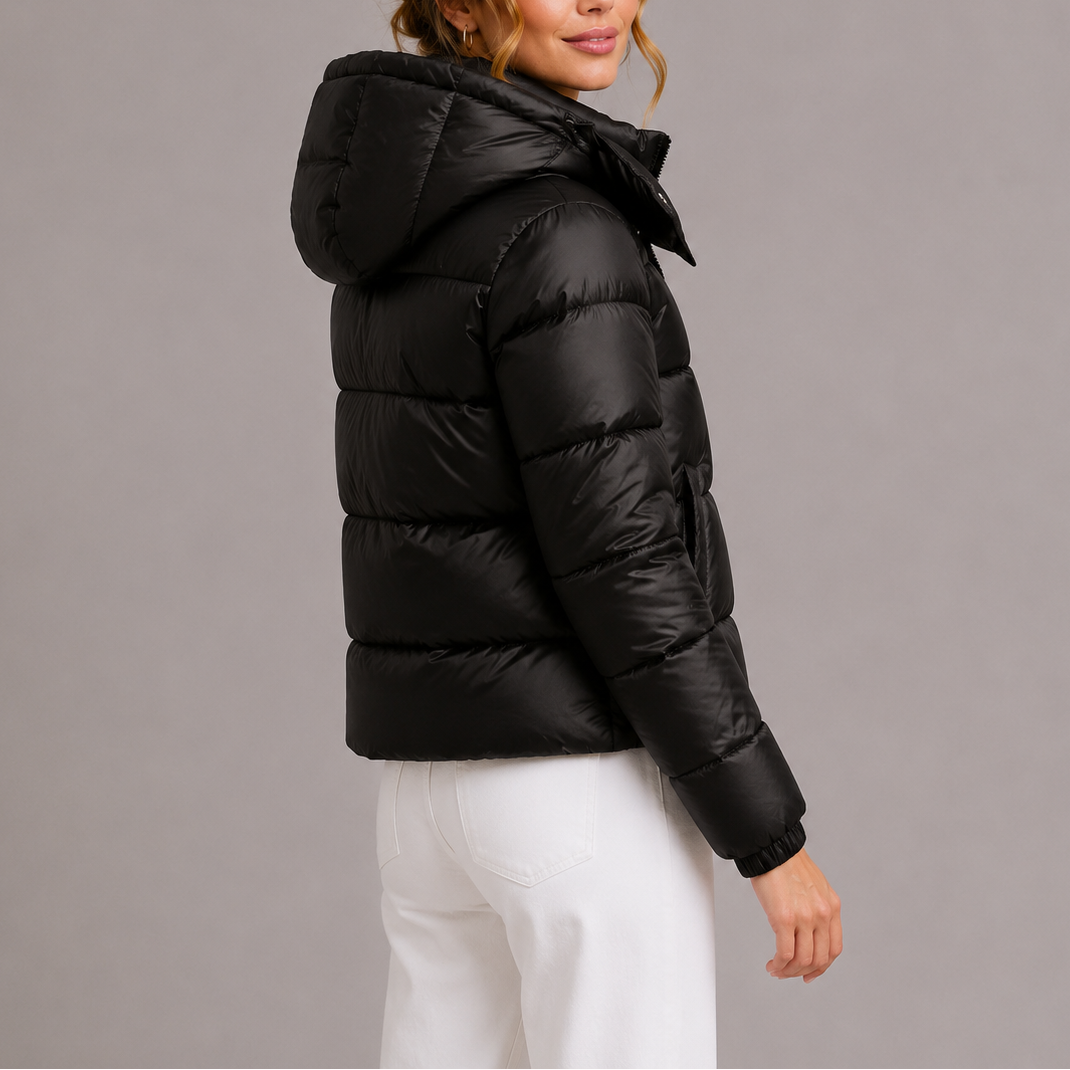 Women's Puffer Jacket Hooded Quilted Cropped - Black