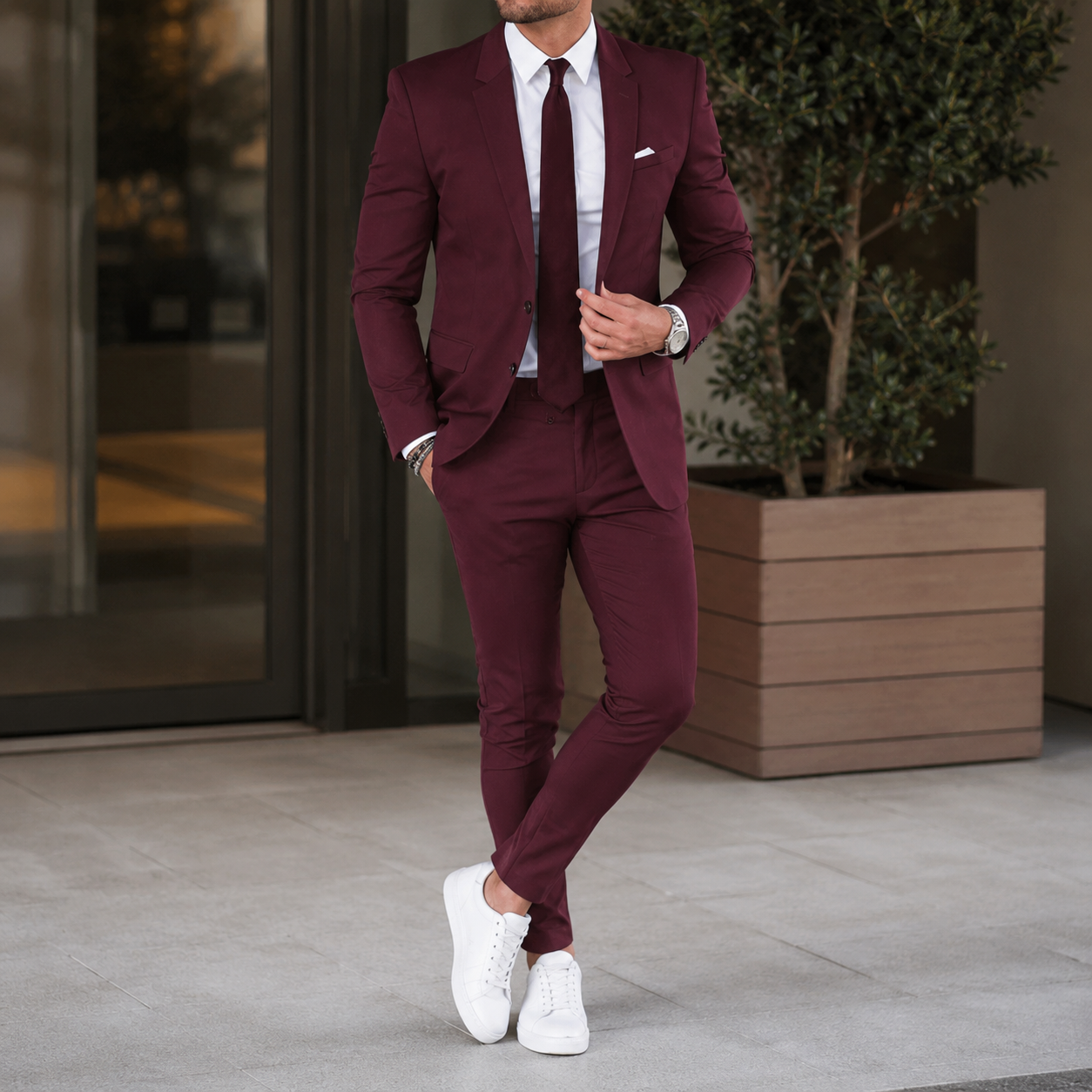 Men's two piece suit with notched lapels, matching trousers and button fastening