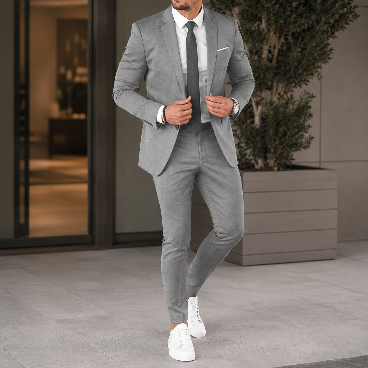 Men's two piece suit with notched lapels, matching trousers and button fastening