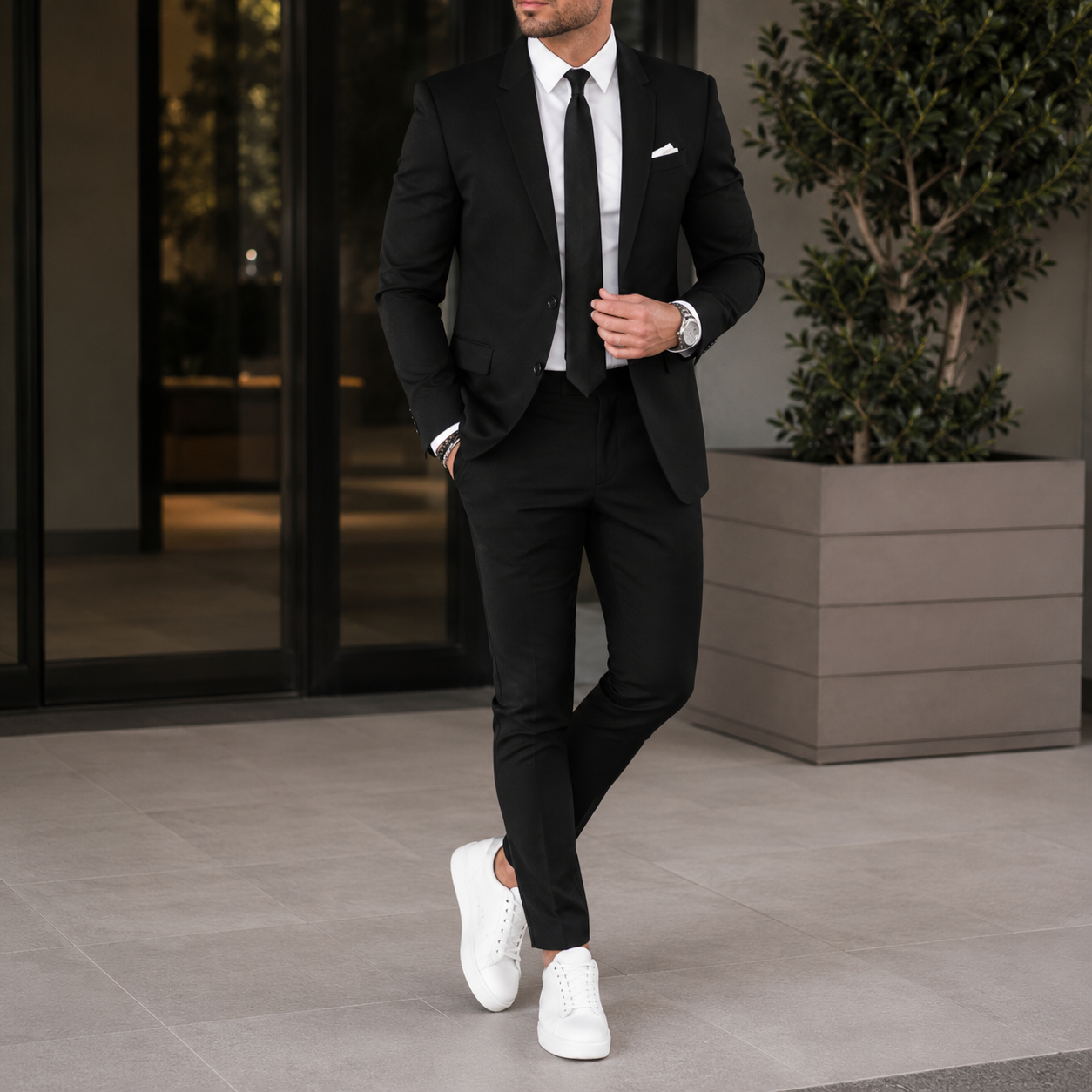 Men's two piece suit with notched lapels, matching trousers and button fastening