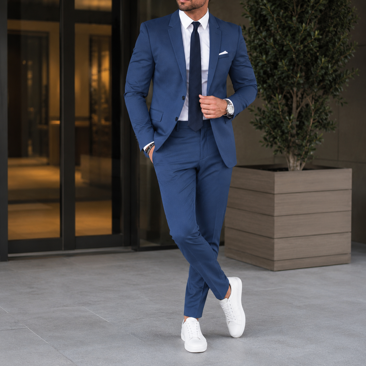 Men's two piece suit with notched lapels, matching trousers and button fastening