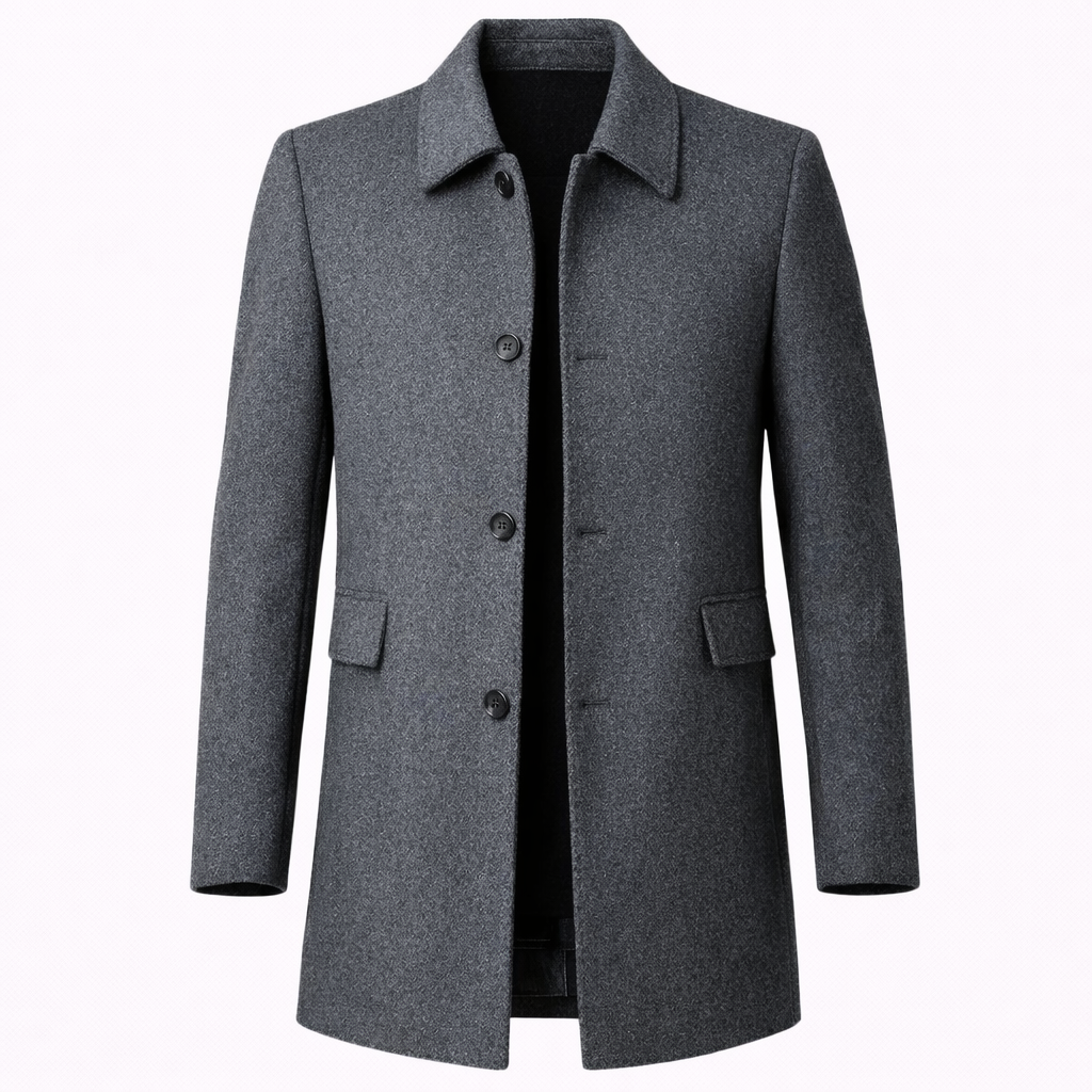 Men's long button-front overcoat with notched collar and flap pockets