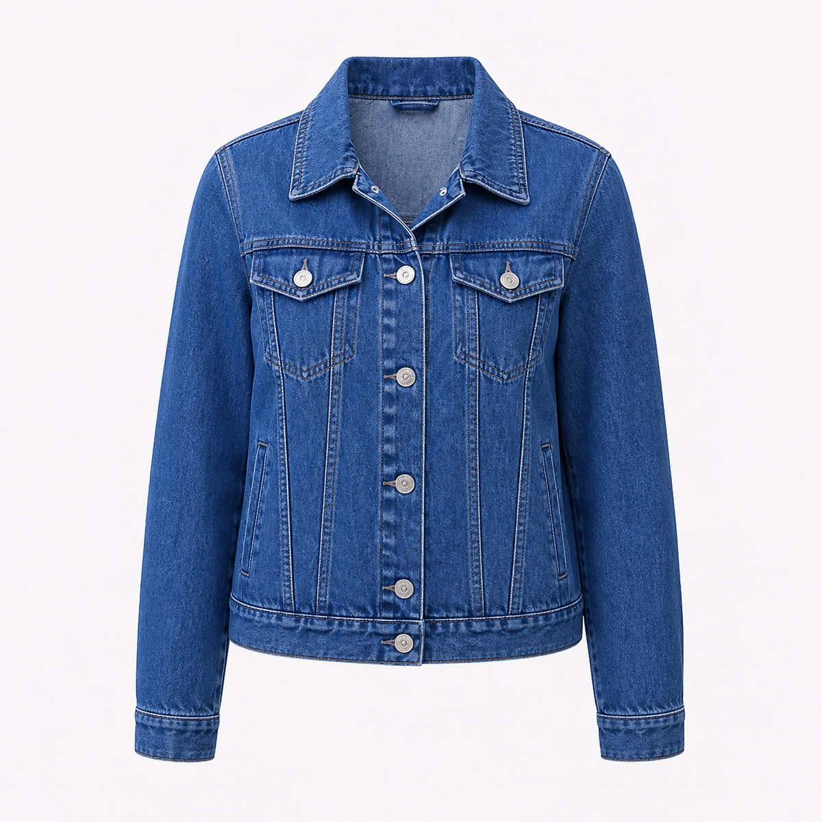 Women's denim jacket with point collar, button front and chest pockets