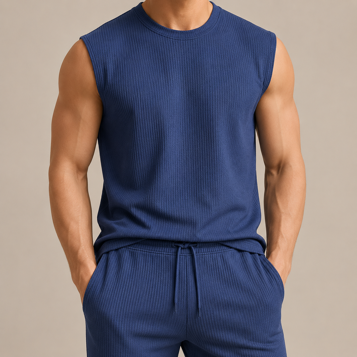 Men's ribbed sleeveless top and full-length trousers set with drawstring waist
