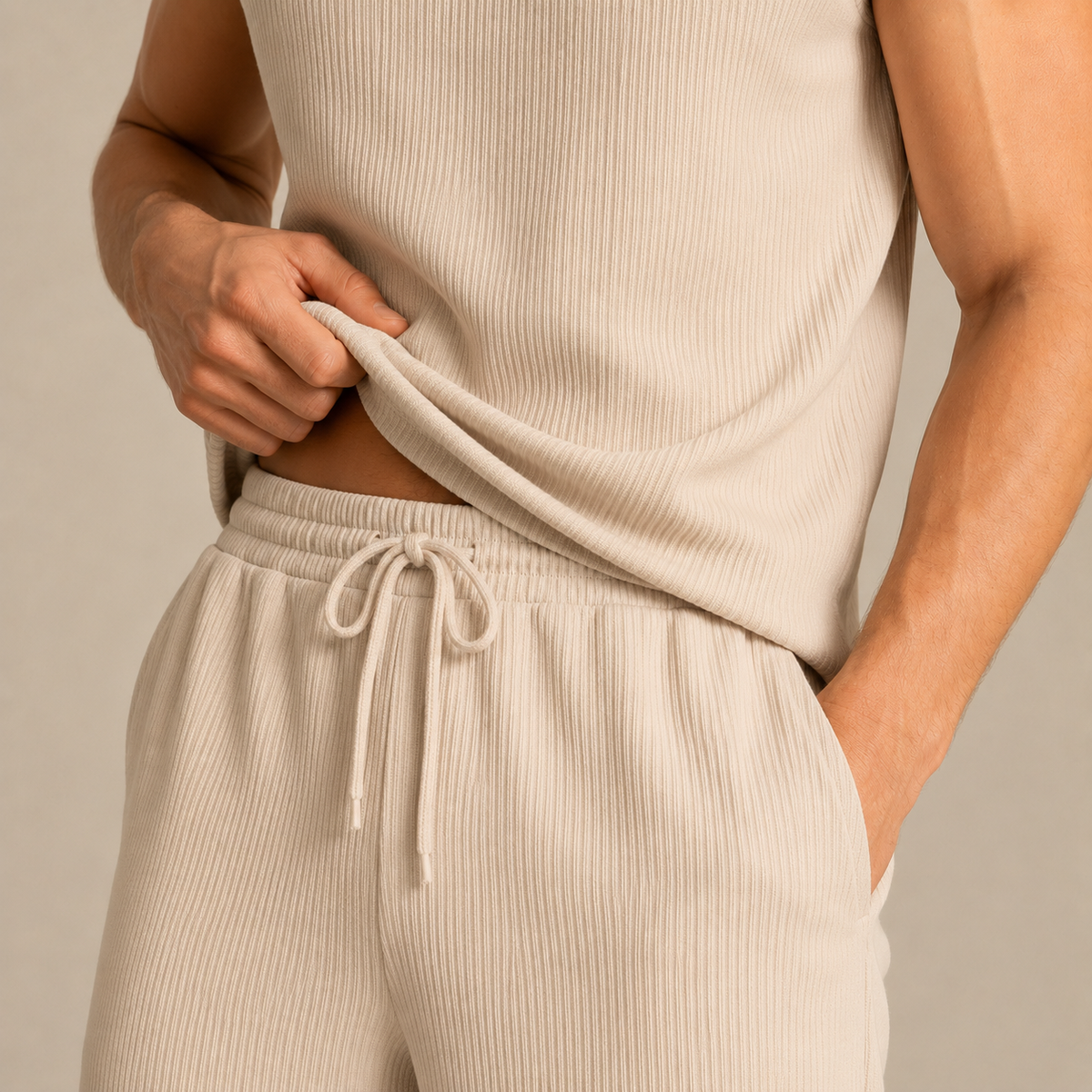Men's ribbed sleeveless top and full-length trousers set with drawstring waist