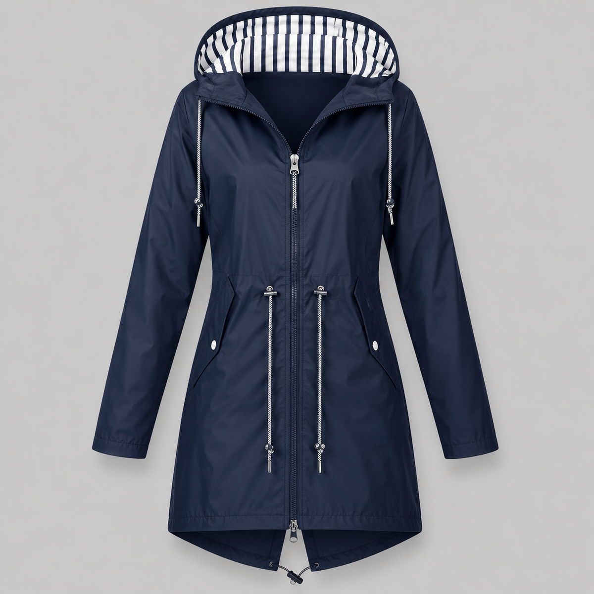 Women's hooded longline parka jacket with striped hood lining, zip front and drawstring waist
