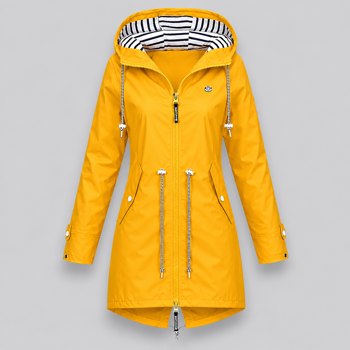 Women's hooded longline parka jacket with striped hood lining, zip front and drawstring waist