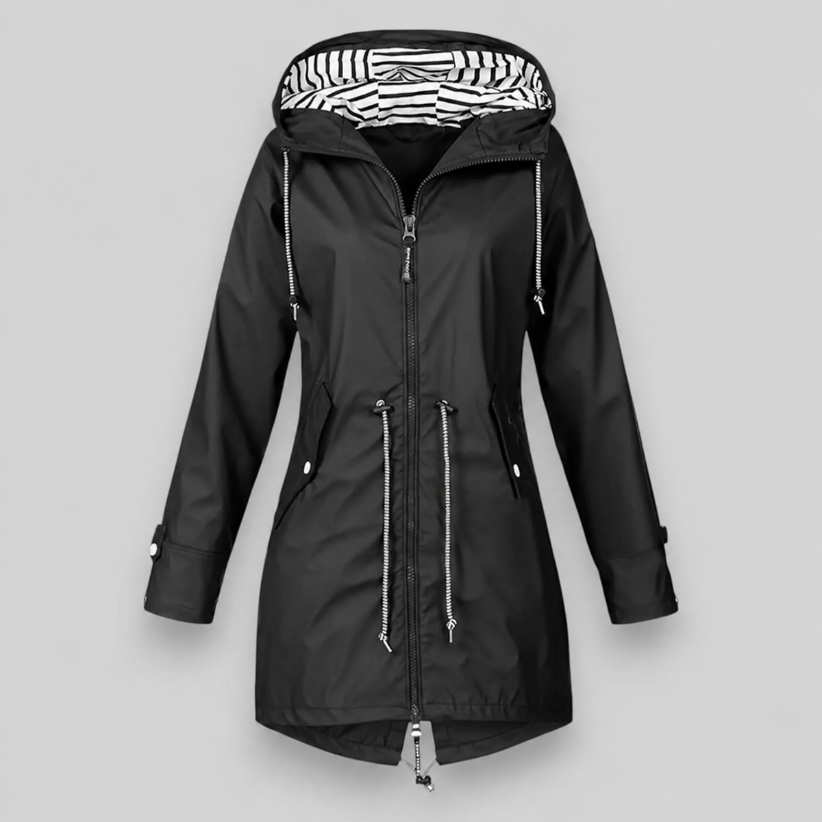 Women's hooded longline parka jacket with striped hood lining, zip front and drawstring waist