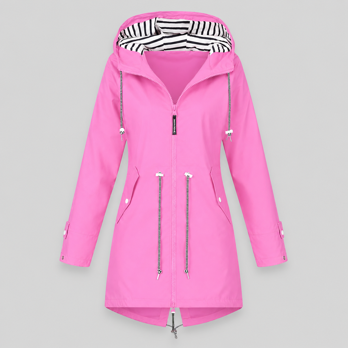 Women's hooded longline parka jacket with striped hood lining, zip front and drawstring waist