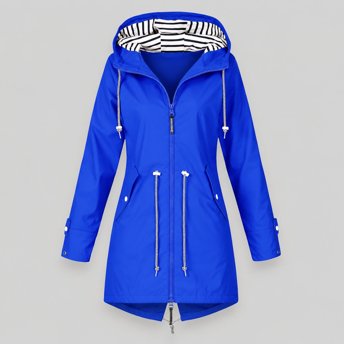 Women's hooded longline parka jacket with striped hood lining, zip front and drawstring waist