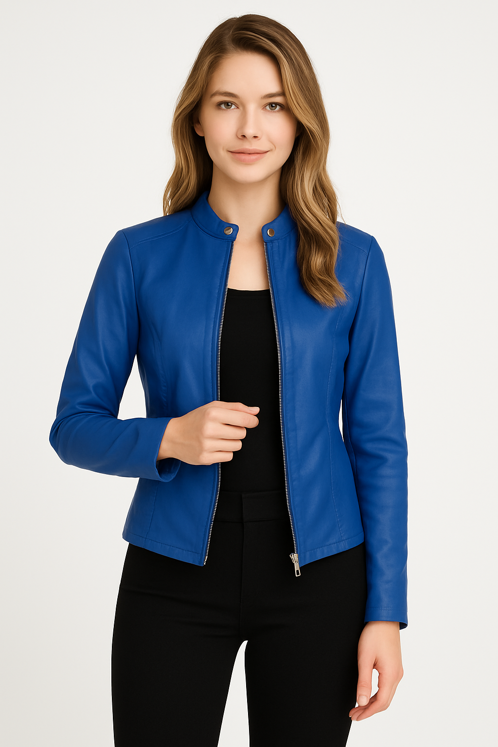Women's short jacket with stand collar, long sleeves and front zip