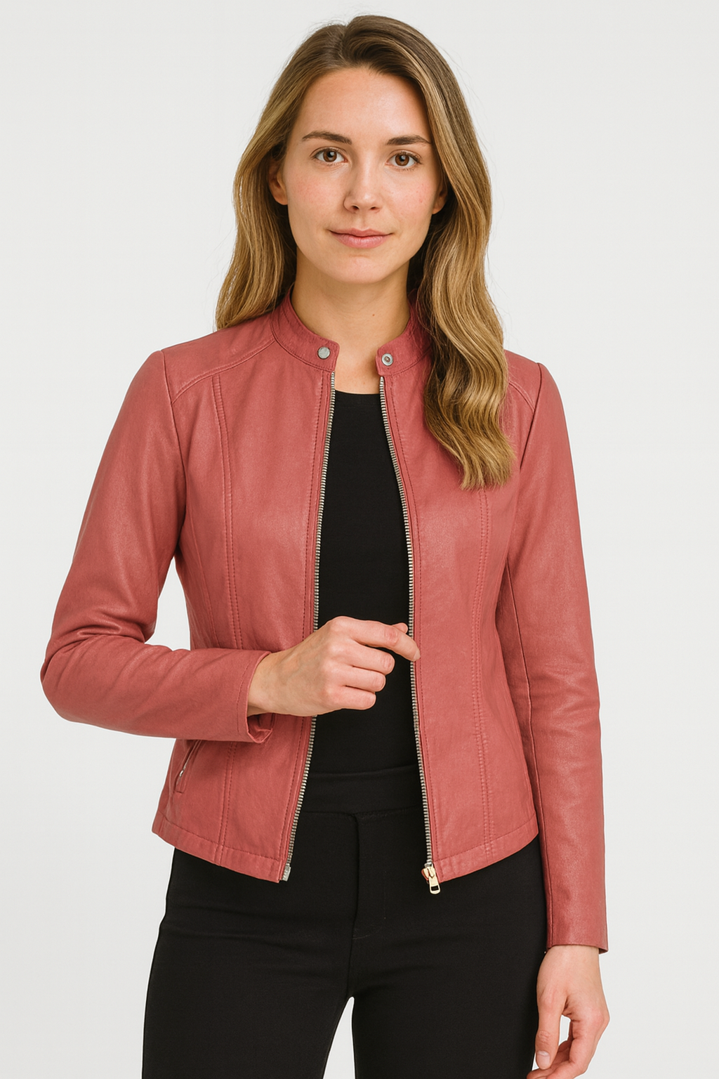 Women's short jacket with stand collar, long sleeves and front zip