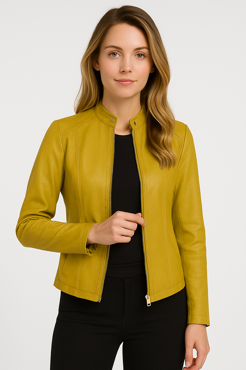 Women's short jacket with stand collar, long sleeves and front zip