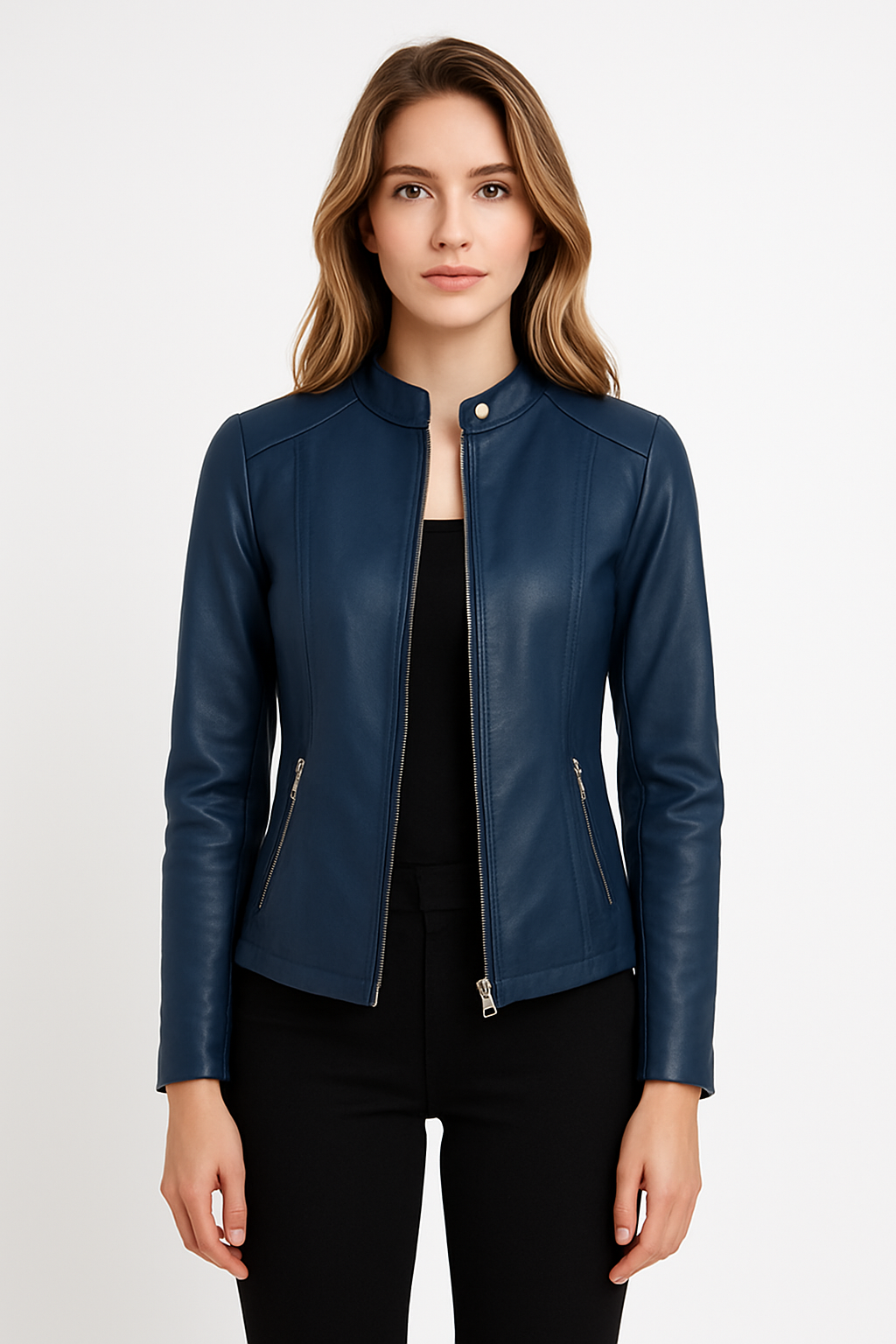 Women's short jacket with stand collar, long sleeves and front zip