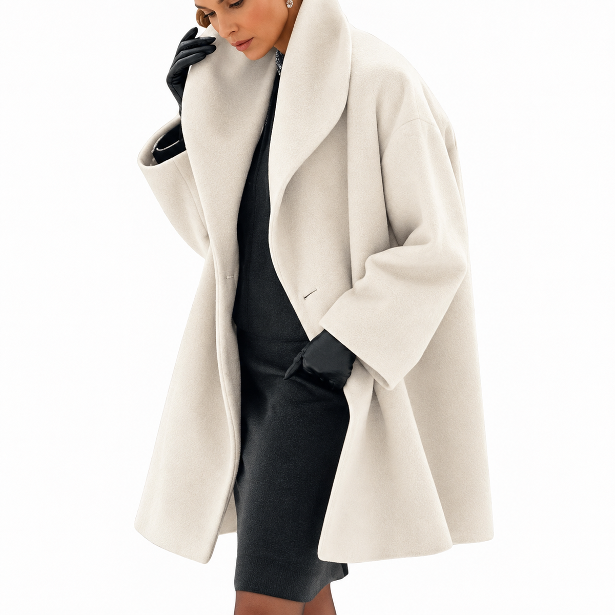 Women's longline textured jacket with wide shawl collar and long sleeves