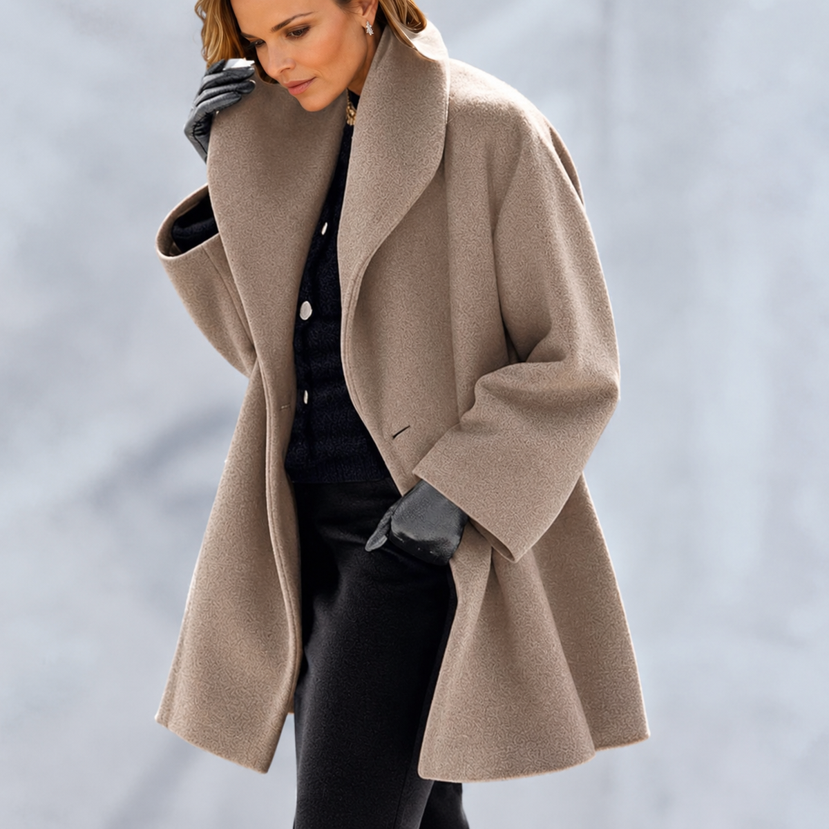 Women's longline textured jacket with wide shawl collar and long sleeves
