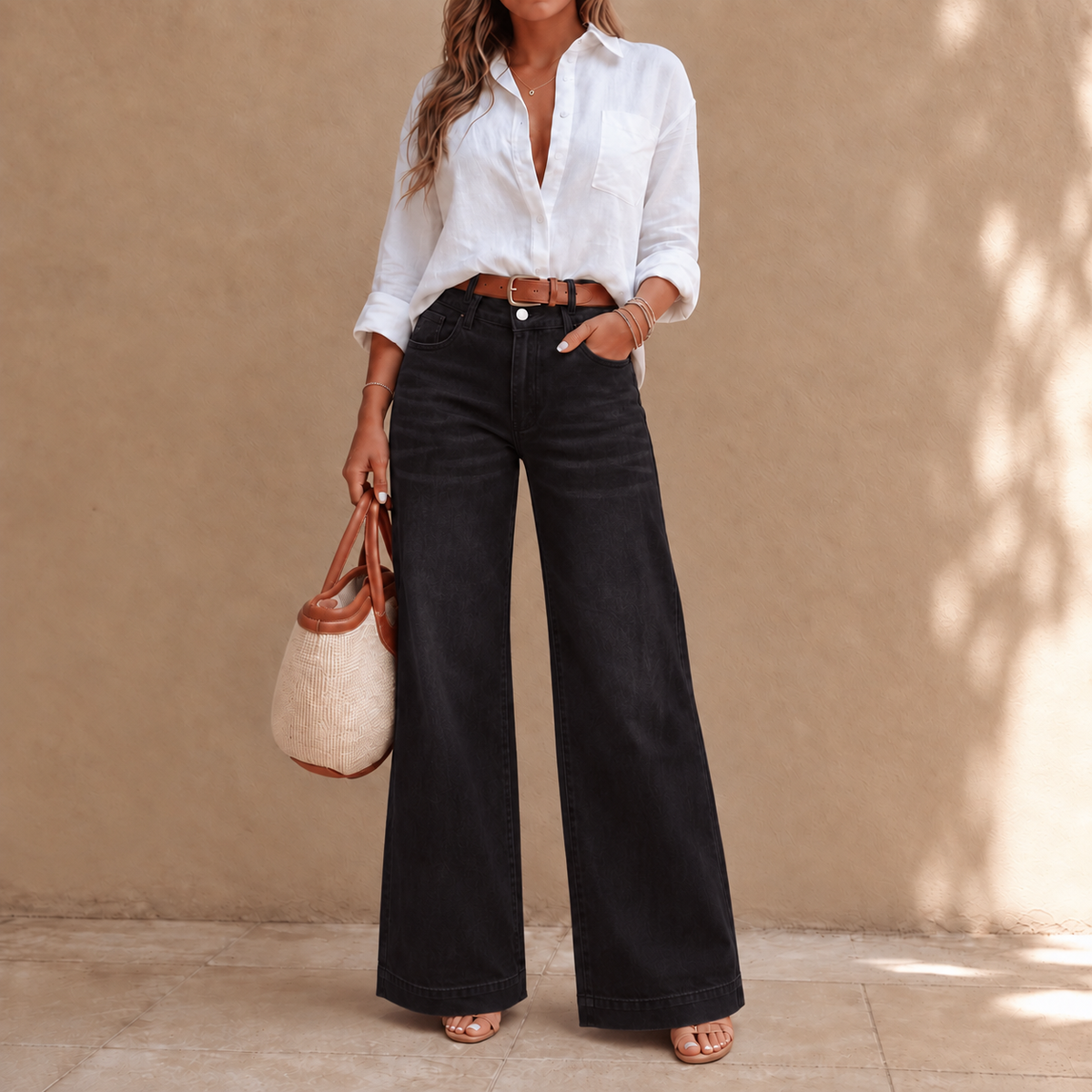 Women's high-rise wide-leg vintage wash jeans shown in brown and green colourways