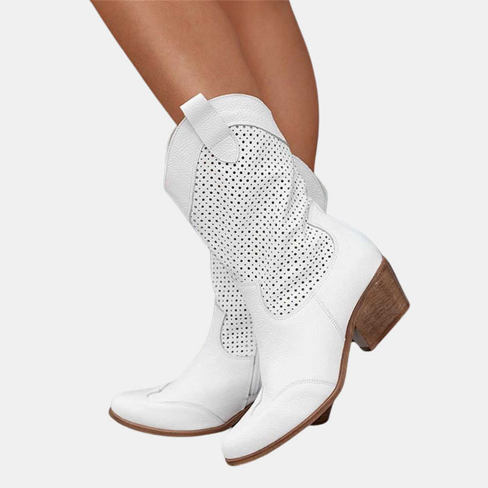 Women's perforated mid-calf cowboy boots with almond toes and block heels