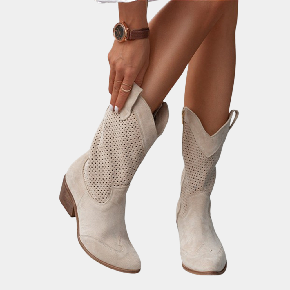 Women's perforated mid-calf cowboy boots with almond toes and block heels
