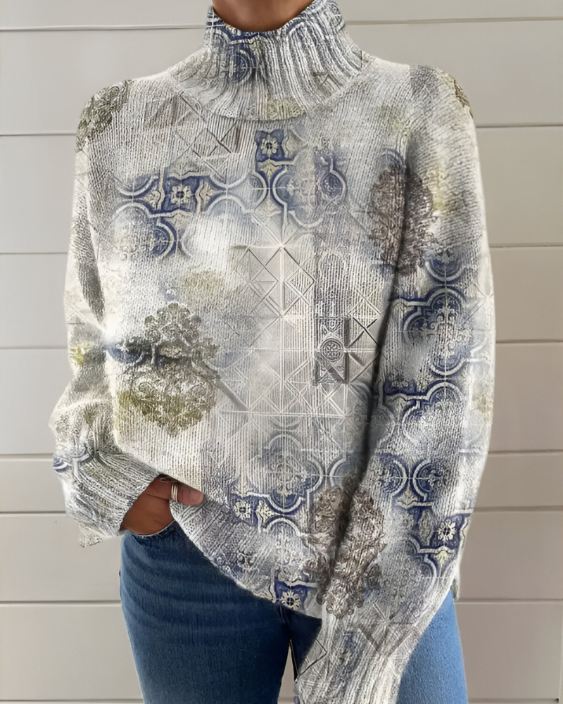 Women's floral roll neck jumper with long sleeves and graphic botanical pattern
