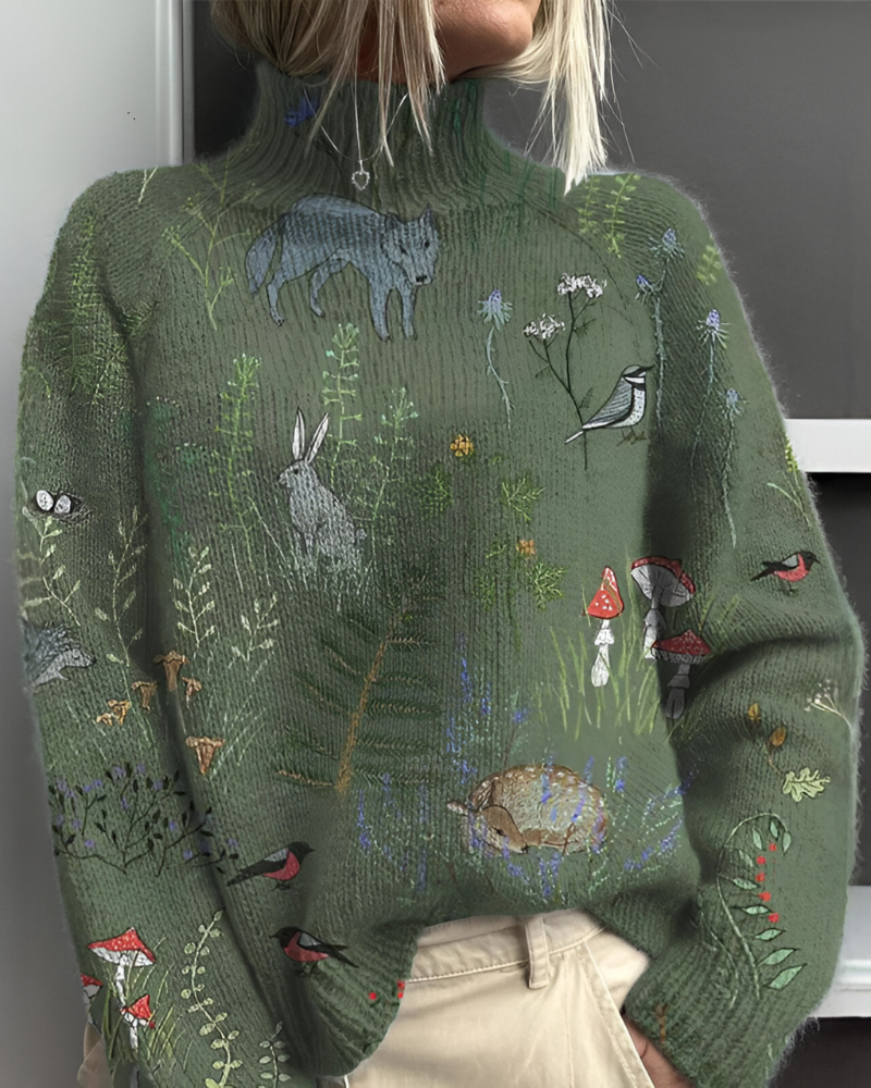 Women's floral roll neck jumper with long sleeves and graphic botanical pattern