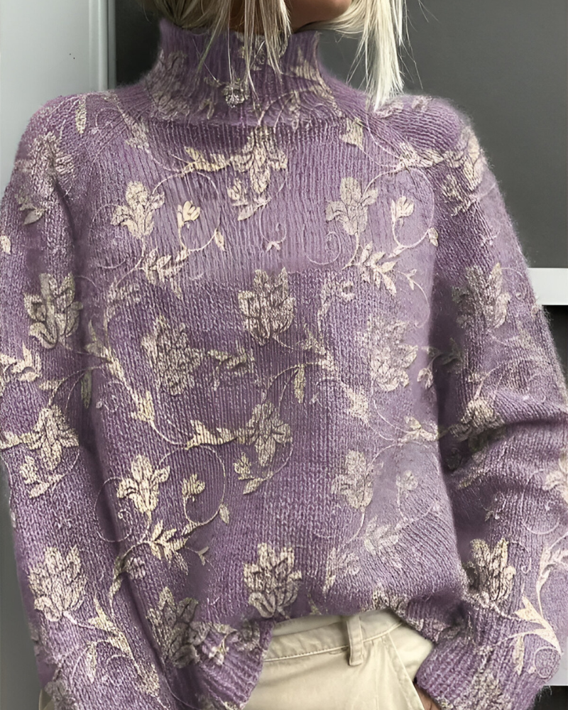 Women's floral roll neck jumper with long sleeves and graphic botanical pattern