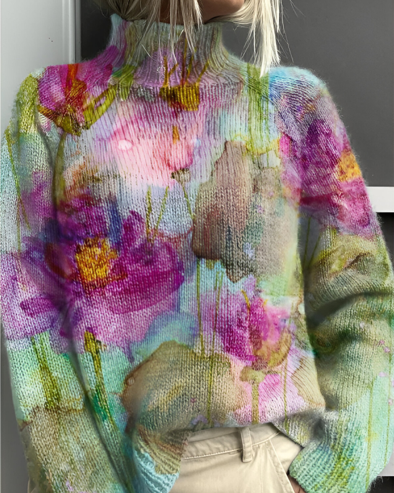 Women's floral roll neck jumper with long sleeves and graphic botanical pattern