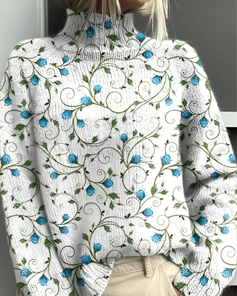 Women's floral roll neck jumper with long sleeves and graphic botanical pattern
