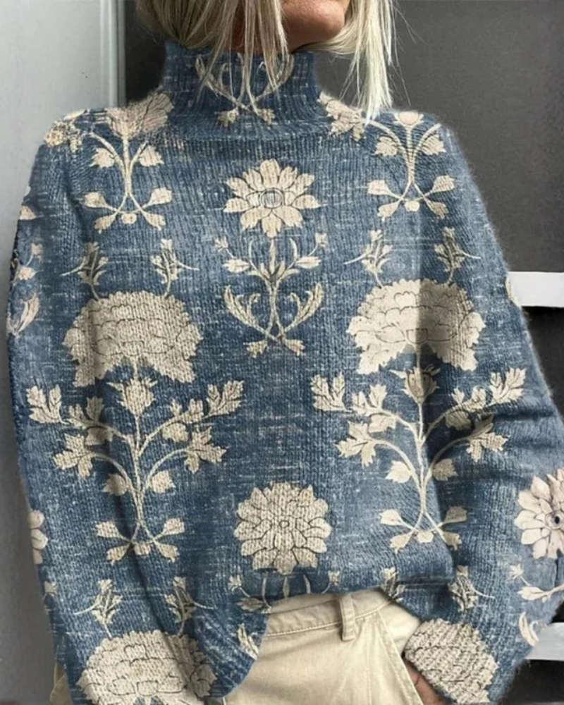 Women's floral roll neck jumper with long sleeves and graphic botanical pattern