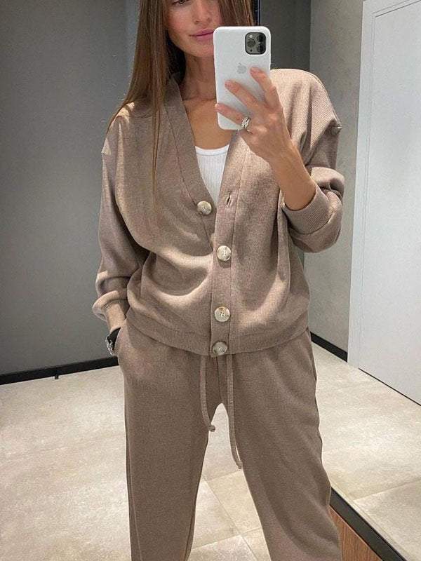 Women's knitted button-front cardigan and matching drawstring trousers set