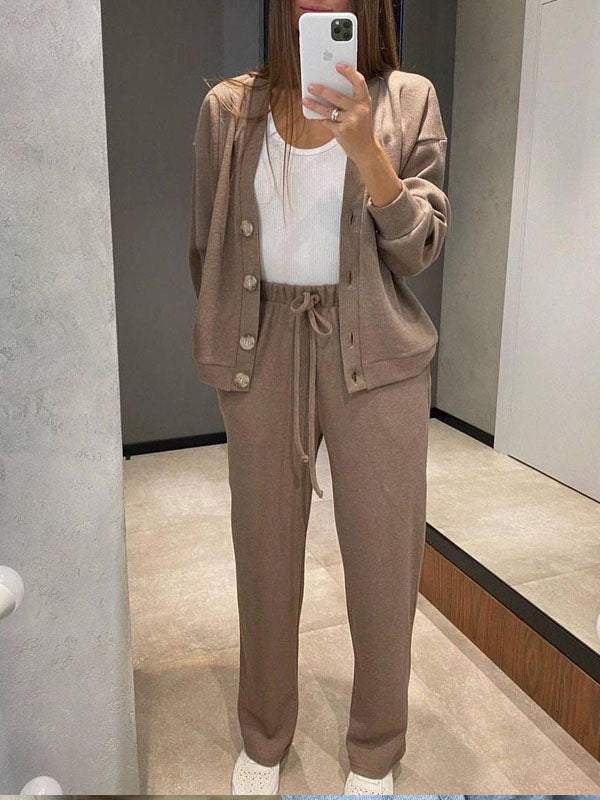 Women's knitted button-front cardigan and matching drawstring trousers set