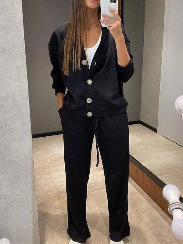 Women's knitted button-front cardigan and matching drawstring trousers set