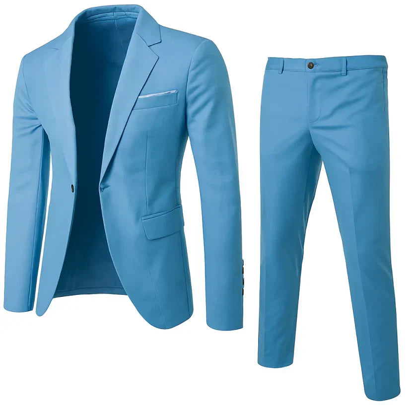 Men's two-piece suit with tailored button jacket and slim trousers
