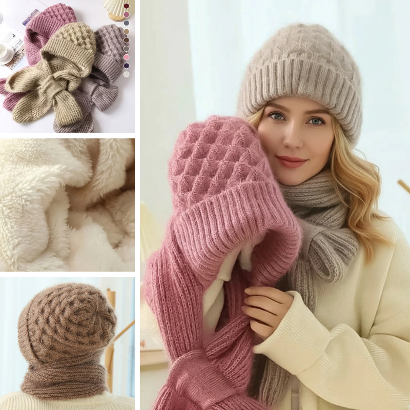 Women's ribbed winter hat and scarf set with ear-covering hat and long scarf