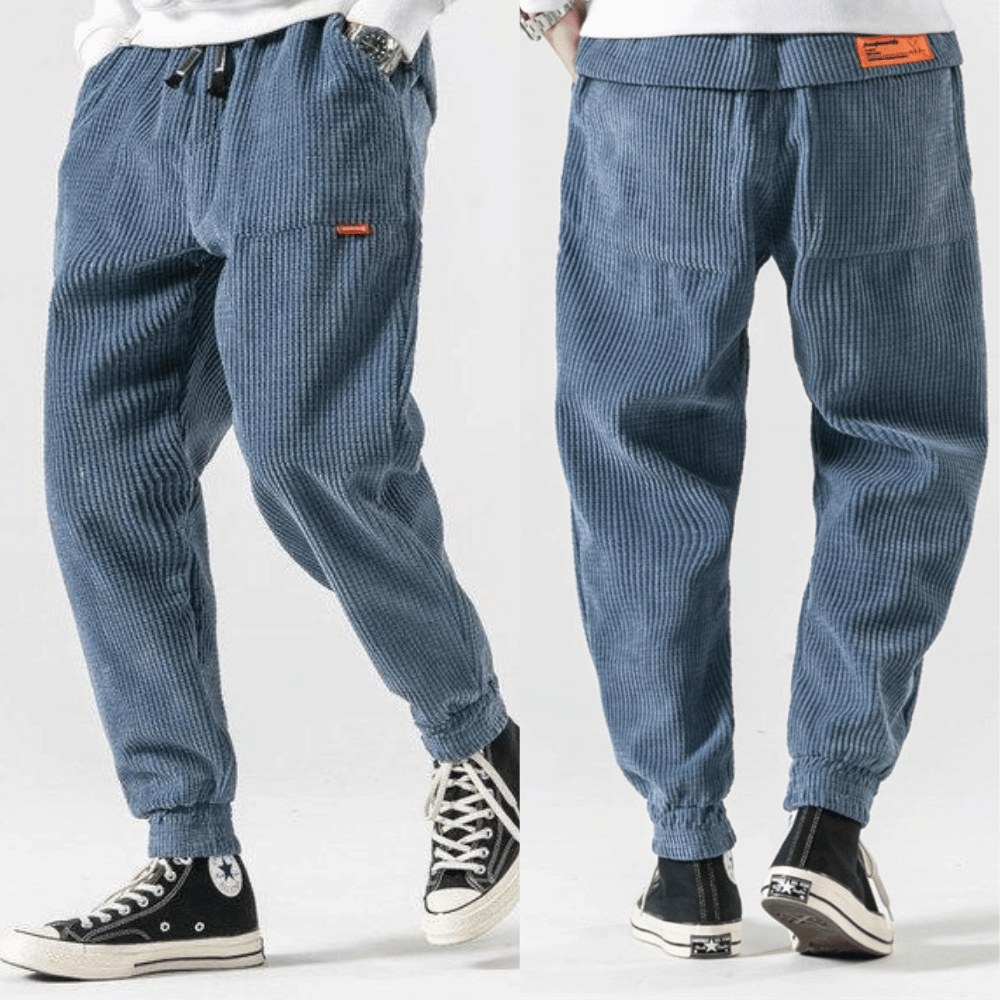 Men's textured corduroy jogger trousers with drawstring waist and elasticated cuffs