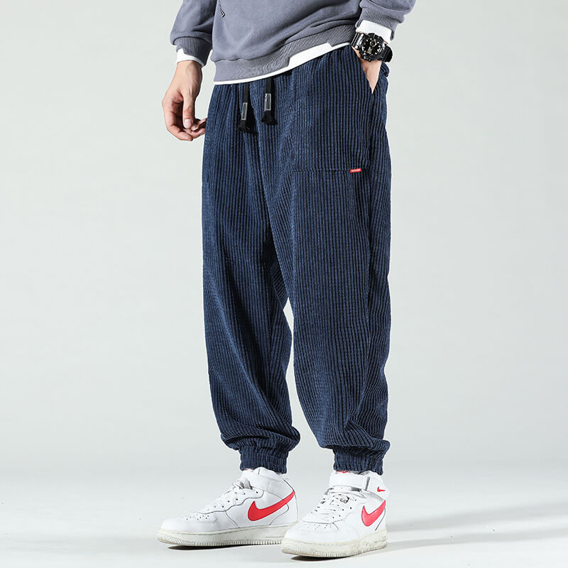 Men's textured corduroy jogger trousers with drawstring waist and elasticated cuffs