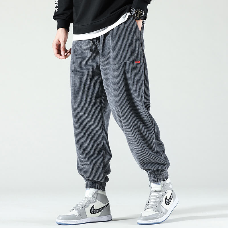 Men's textured corduroy jogger trousers with drawstring waist and elasticated cuffs