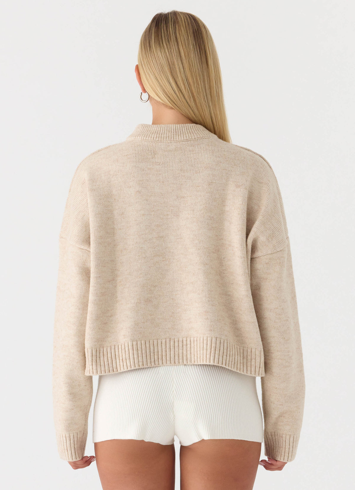 Women's oatmeal button-up mock neck jumper with long sleeves and ribbed trims