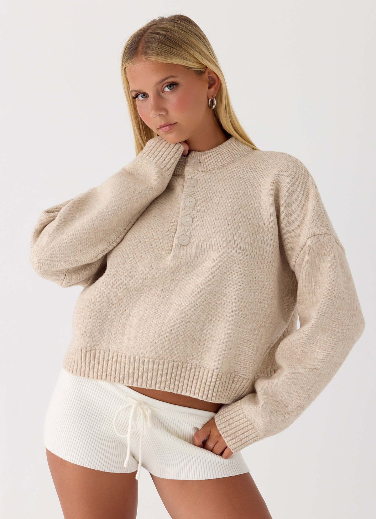 Women's oatmeal button-up mock neck jumper with long sleeves and ribbed trims