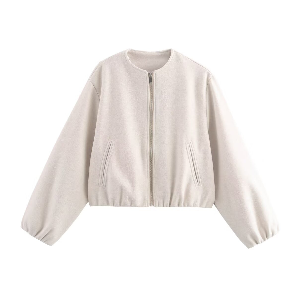 Women's Cropped Bomber Jacket Collarless Balloon Sleeve - Beige