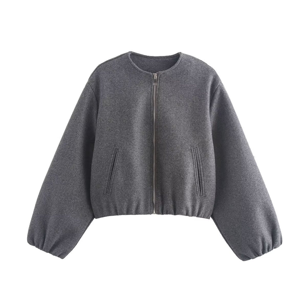 Women's Cropped Bomber Jacket Collarless Balloon Sleeve - Dark Grey