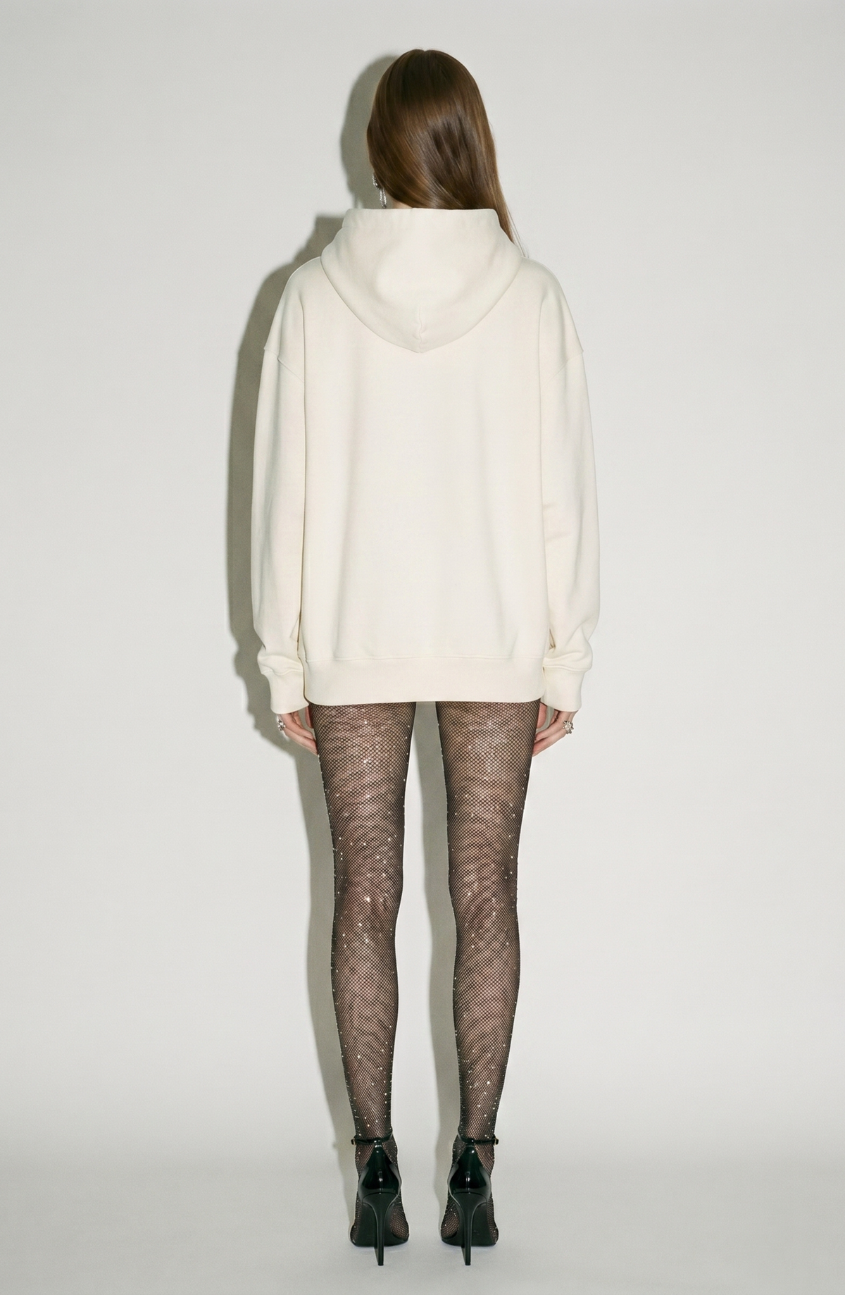 Women's cream hoodie with crystal-embellished drawstrings and long sleeves
