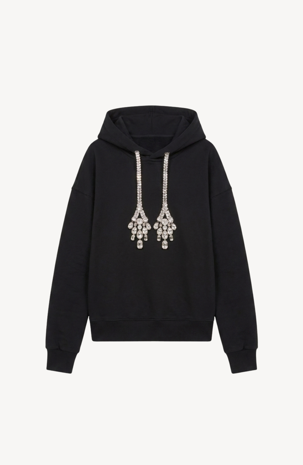 Black women's hoodie with crystal embellished drawstrings and a hood