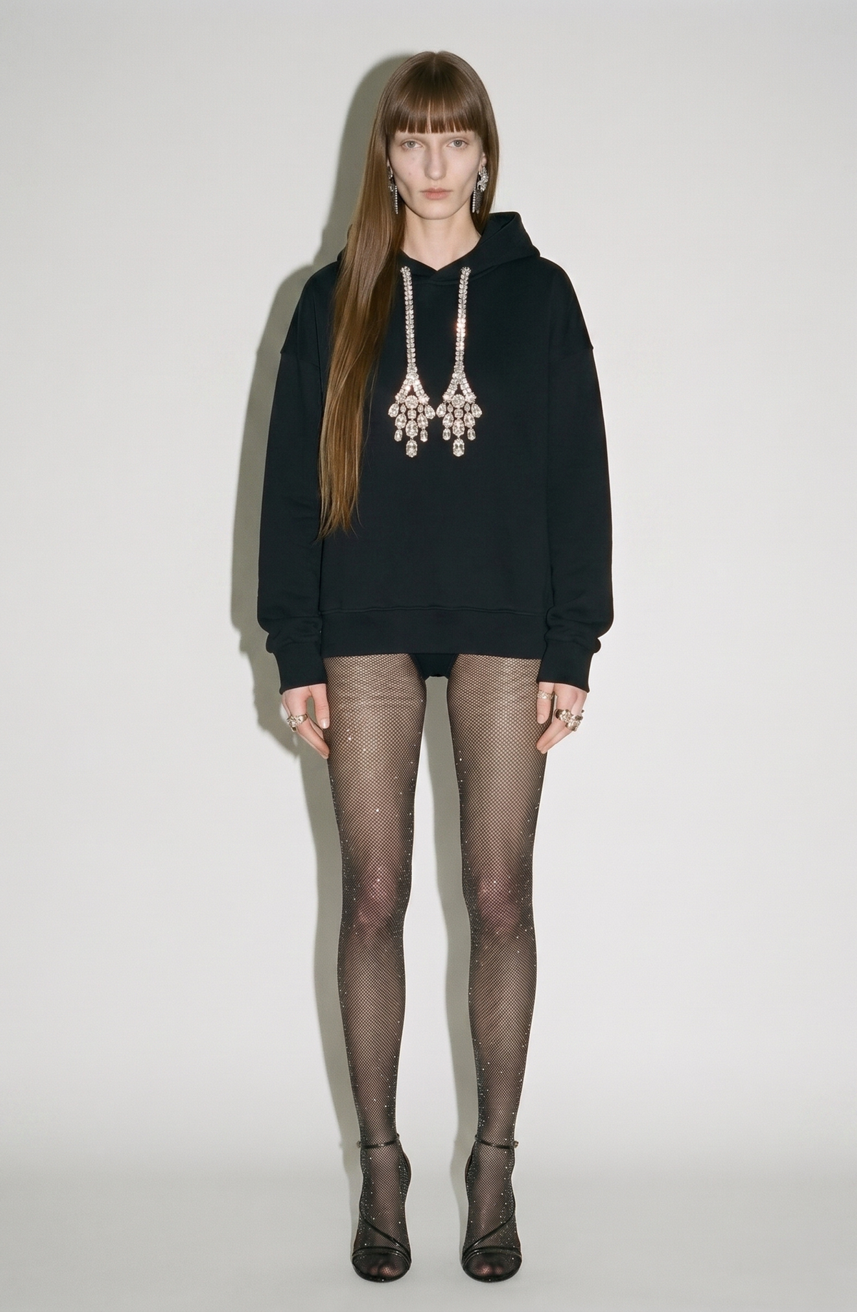 Black women's hoodie with crystal embellished drawstrings and a hood