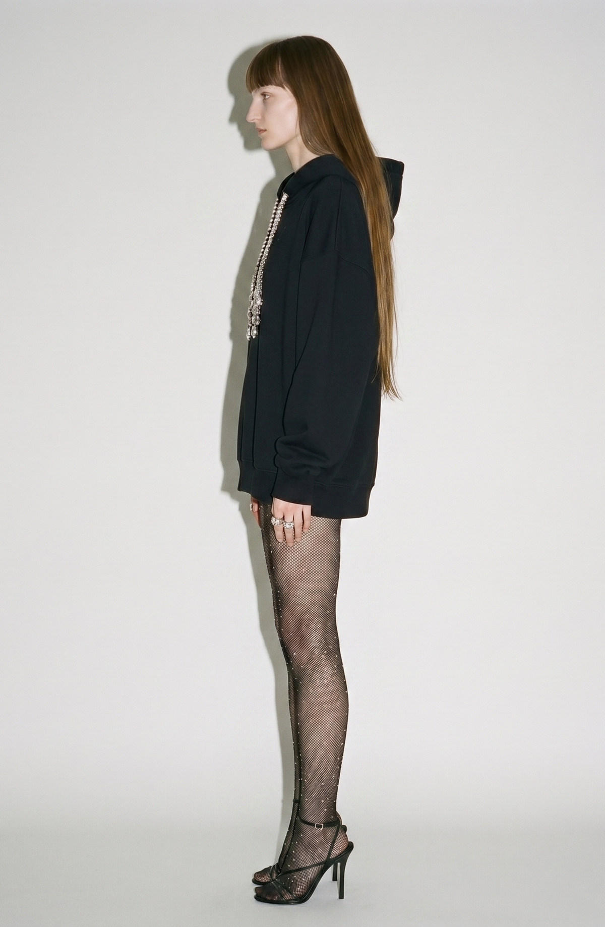 Black women's hoodie with crystal embellished drawstrings and a hood