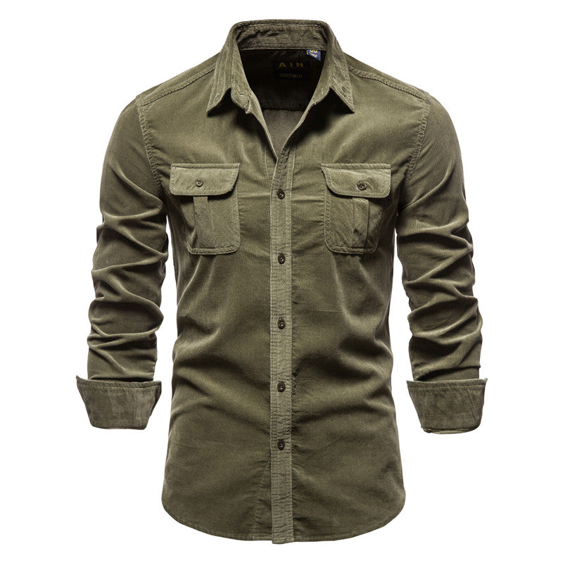 Men's Corduroy Shirt Slim Fit Dual Chest Pockets - Army Green