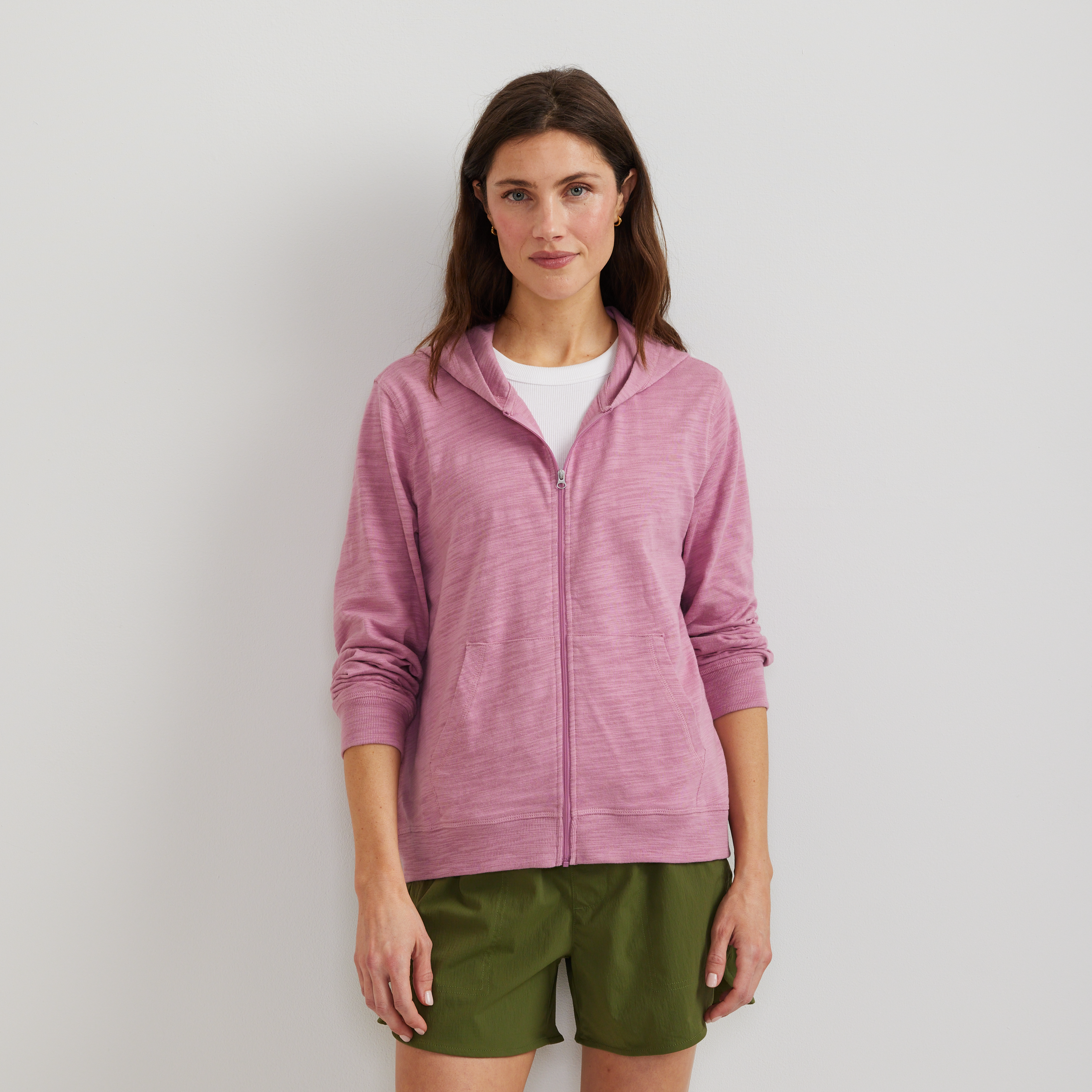 Women's hooded full-zip slub sweatshirt with long sleeves and front pockets
