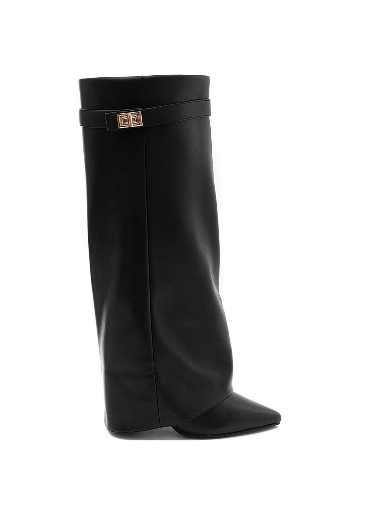 Women's black knee-high boots with pointed toes, high heels and buckle strap detail