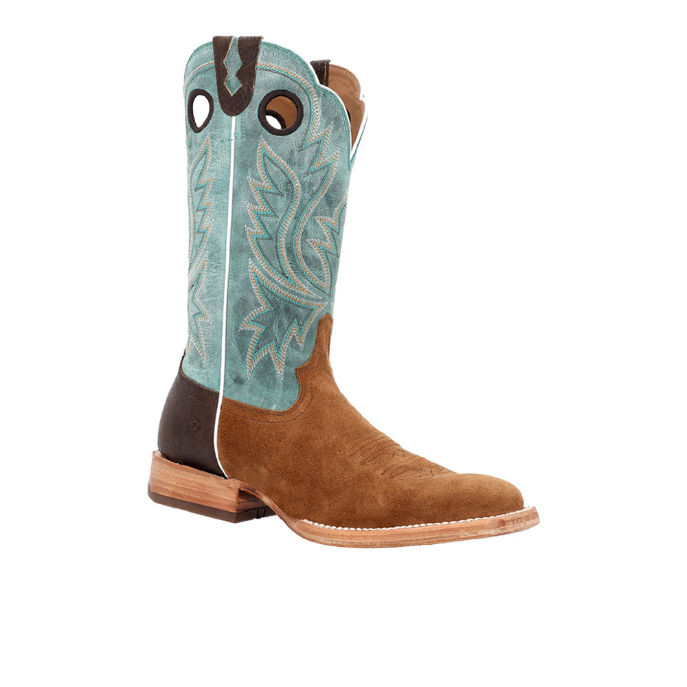 Men's brown and blue embroidered square toe cowboy boots